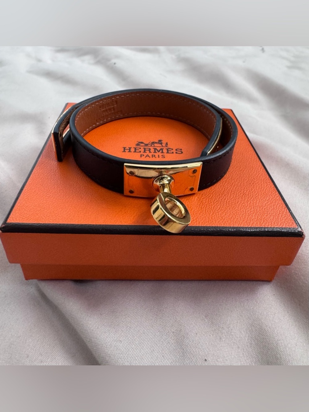 Hermes Black Leather Kelly Double Tour Bracelet with Gold Hardware